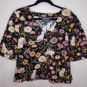 NWT ModCloth Princess Highway Black Floral Cat Button-Up Crop Top Blouse Size 10